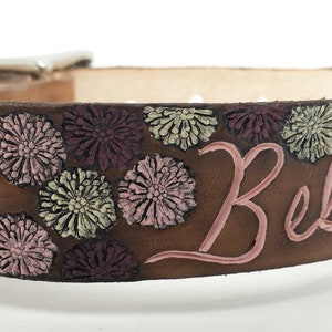 Personalized leather dog collar with flower mums image 4