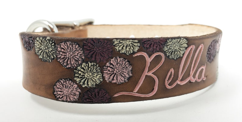 Personalized leather dog collar with flower mums image 4