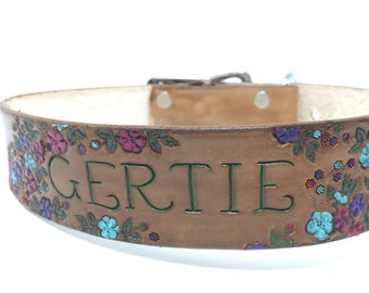 Gertie Collar old fashion flowers on personalized leather dog collar