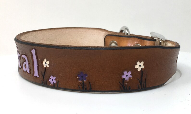 Leather Dog Collar Personalized with Purple, White, and Lilac Flowers image 2