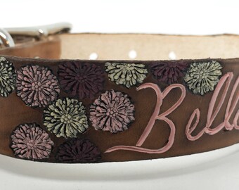 Personalized leather dog collar with flower mums