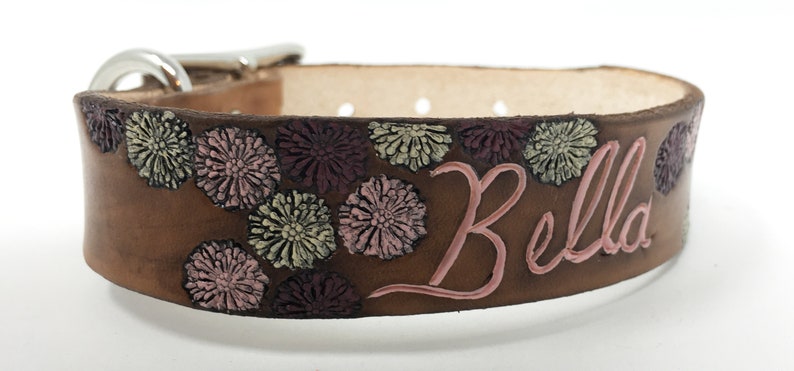 Personalized leather dog collar with flower mums image 1