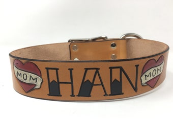 Mom Heart Leather Handmade Collar - Tattoo Dog Collars - for Dog Moms