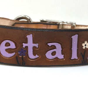 Leather Dog Collar Personalized with Purple, White, and Lilac Flowers image 1
