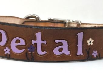 Leather Dog Collar Personalized with Purple, White, and Lilac Flowers