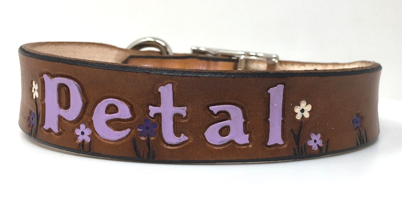 Leather Dog Collar Personalized with Purple, White, and Lilac Flowers image 1