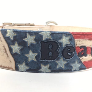 American Flag Dog Collar Personalized with Dogs Name - Leather Dog Collar - With Distressed Cream Leather Base Color and Faded Flag Design