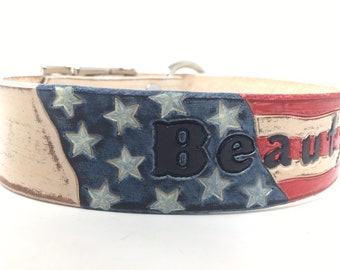 American Flag Dog Collar Personalized with Dogs Name with Distressed Cream Leather Base Color