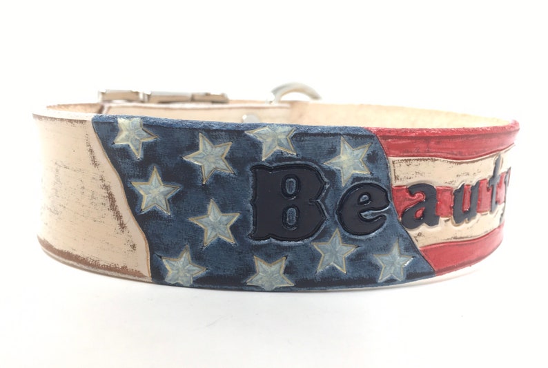 American Flag Dog Collar Personalized with Dogs Name with Distressed Cream Leather Base Color image 1