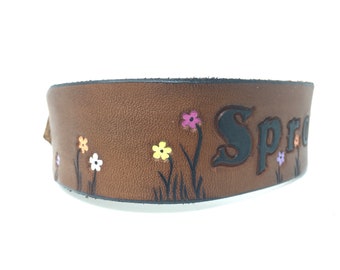 Leather Dog Collar Tiny Bright Flowers Personalized