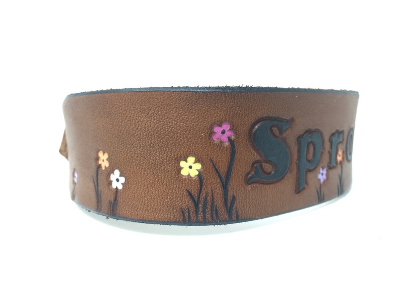 Leather Dog Collar Tiny Bright Flowers Personalized image 1