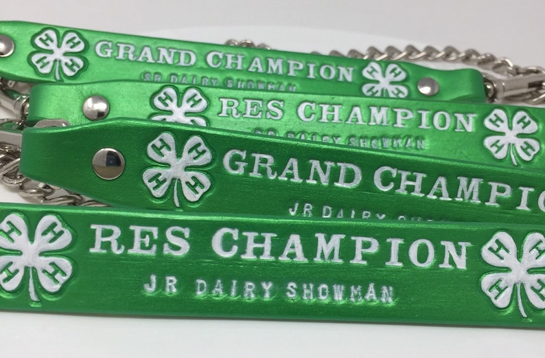 May include: Four green leather straps with white 4-H clover logos and white text reading "GRAND CHAMPION", "JR DAIRY SHOWMAN", "RES CHAMPION", and "JR DAIRY SHOWMAN".