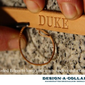 Pu&ograve; includere: Un collare per cani in pelle marrone con il nome "DUKE" inciso su di esso. Il collare ha bordi smussati per maggiore comfort. Il testo "DESIGN A COLLAR HANDCRAFTED ORIGINALS BY GERALYN" &egrave; visibile sotto il collare.