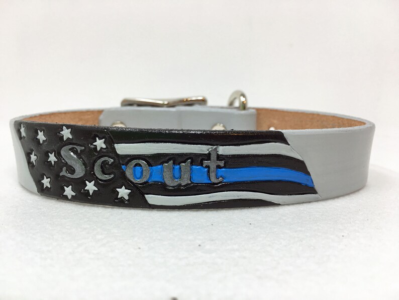 Thin blue line dog collar, leather personalized collar image 2