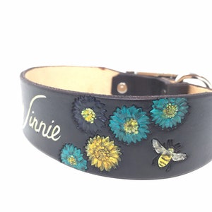 Brown Leather Dog Collar with Bee and Flower Design, Dogs name can be added image 8