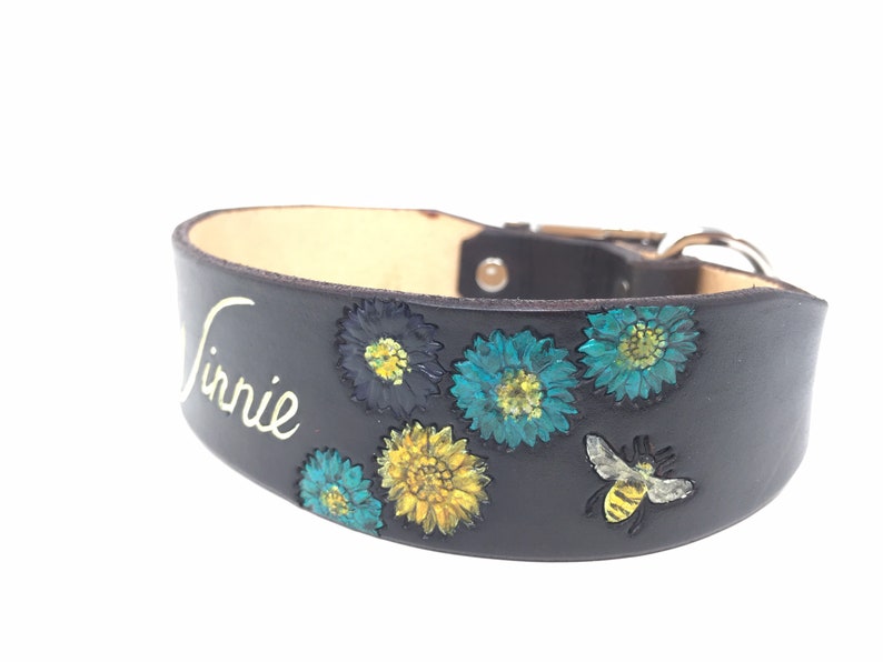 Brown Leather Dog Collar with Bee and Flower Design, Dogs name can be added image 8