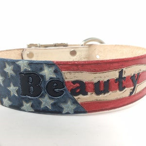 American Flag Dog Collar Personalized with Dogs Name with Distressed Cream Leather Base Color image 7