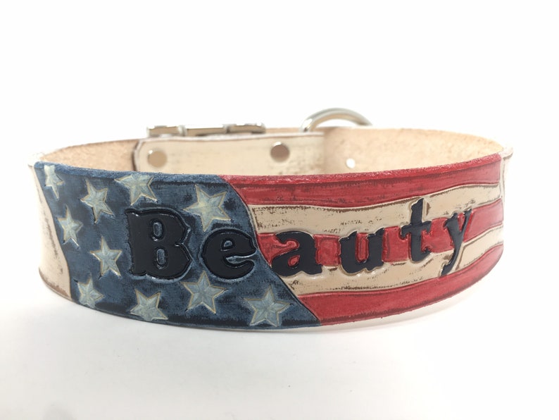 American Flag Dog Collar Personalized with Dogs Name with Distressed Cream Leather Base Color image 7