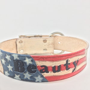 American Flag Dog Collar Personalized with Dogs Name with Distressed Cream Leather Base Color image 9