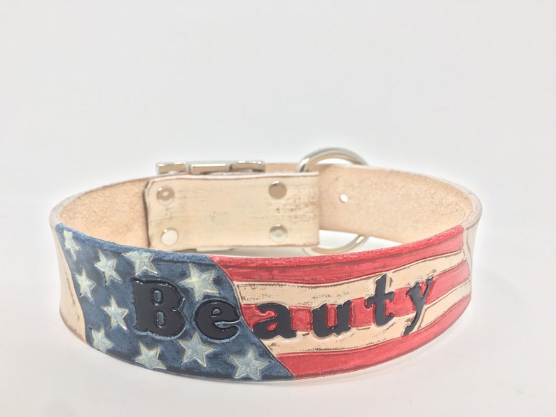 American Flag Dog Collar Personalized with Dogs Name with Distressed Cream Leather Base Color image 9