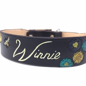 Brown Leather Dog Collar with Bee and Flower Design, Dogs name can be added image 1