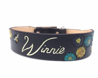 Brown Leather Dog Collar with Bee and Flower Design, Dogs name can be added