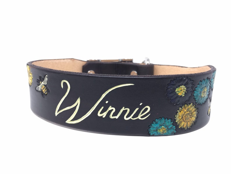 Brown Leather Dog Collar with Bee and Flower Design, Dogs name can be added image 1