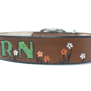 Tiny Flower Personalized Leather Dog Collar Tangerine, White and Lt Tangerine Flowers image 2