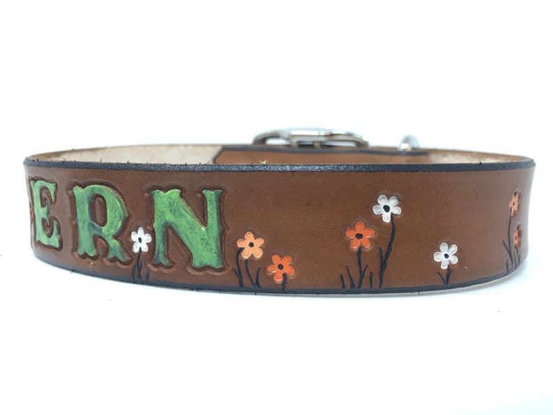 Tiny Flower Personalized Leather Dog Collar Tangerine, White and Lt Tangerine Flowers image 2