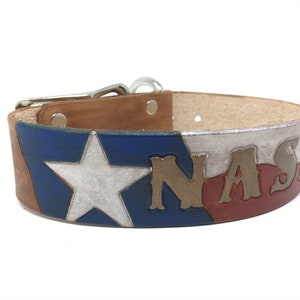 Waving Texas Flag Dog Collar Patriotic Dog Collar Leather Dog Collar Personalized with Dogs Name in Bronze image 1
