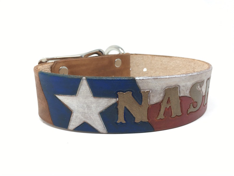 Waving Texas Flag Dog Collar Patriotic Dog Collar Leather Dog Collar Personalized with Dogs Name in Bronze image 1