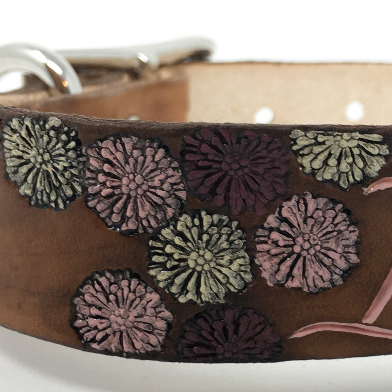 Personalized leather dog collar with flower mums image 3