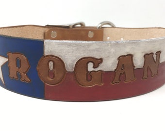 Texas Flag Dog Collar - Patriotic Dog Collar - Leather Dog Collar - Personalized with Dogs Name