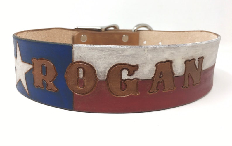 Texas Flag Dog Collar Patriotic Dog Collar Leather Dog Collar Personalized with Dogs Name image 1