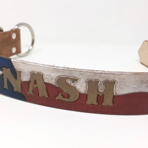 Waving Texas Flag Dog Collar Patriotic Dog Collar Leather Dog Collar Personalized with Dogs Name in Bronze image 2