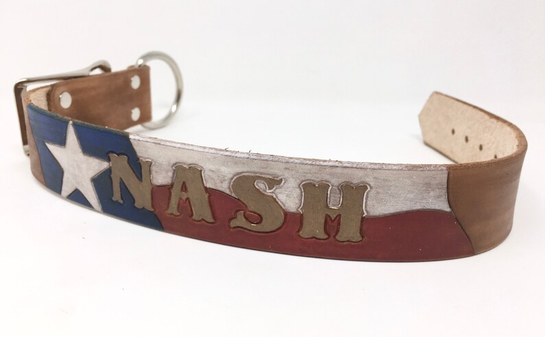 Waving Texas Flag Dog Collar Patriotic Dog Collar Leather Dog Collar Personalized with Dogs Name in Bronze image 2