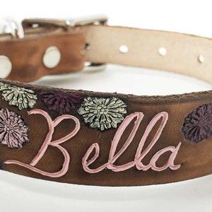 Cute Girl Dog Collar - Personalized Leather Dog Collar - Floral Collar - Mum Flowers - Phone Number can be Added