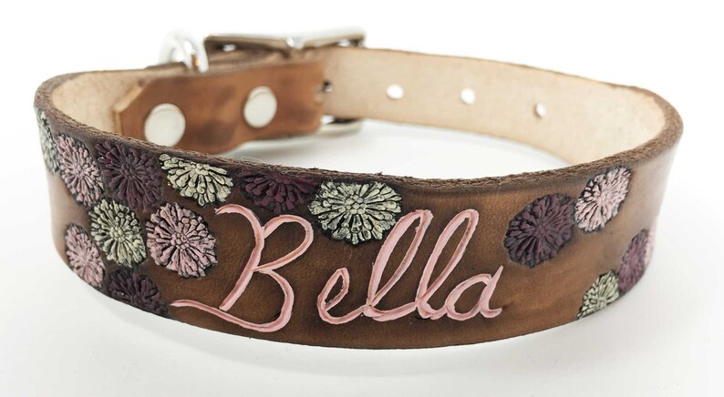 Personalized leather dog collar with flower mums image 2