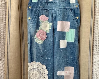 Vintage Big Smith Upcycled Denim Overalls, tag size 34x30. Hand-Sewn Bunny & Floral Linen Appliqués | One-of-a-Kind Cottagecore