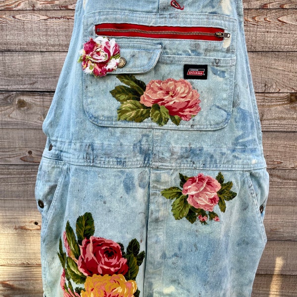 Upcycled Floral Distressed Denim Boho Shabby Chic Jean Bib Overalls - Rose Embellished Hand Appliqué Slow Fashion Festival magnolia style