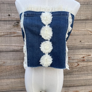 Upcycled Corset Style Bustier Top Embellished with Ribbon & Vintage Lace, Boho Chic Coquette Festival Wear - slow fashion, size inclusive