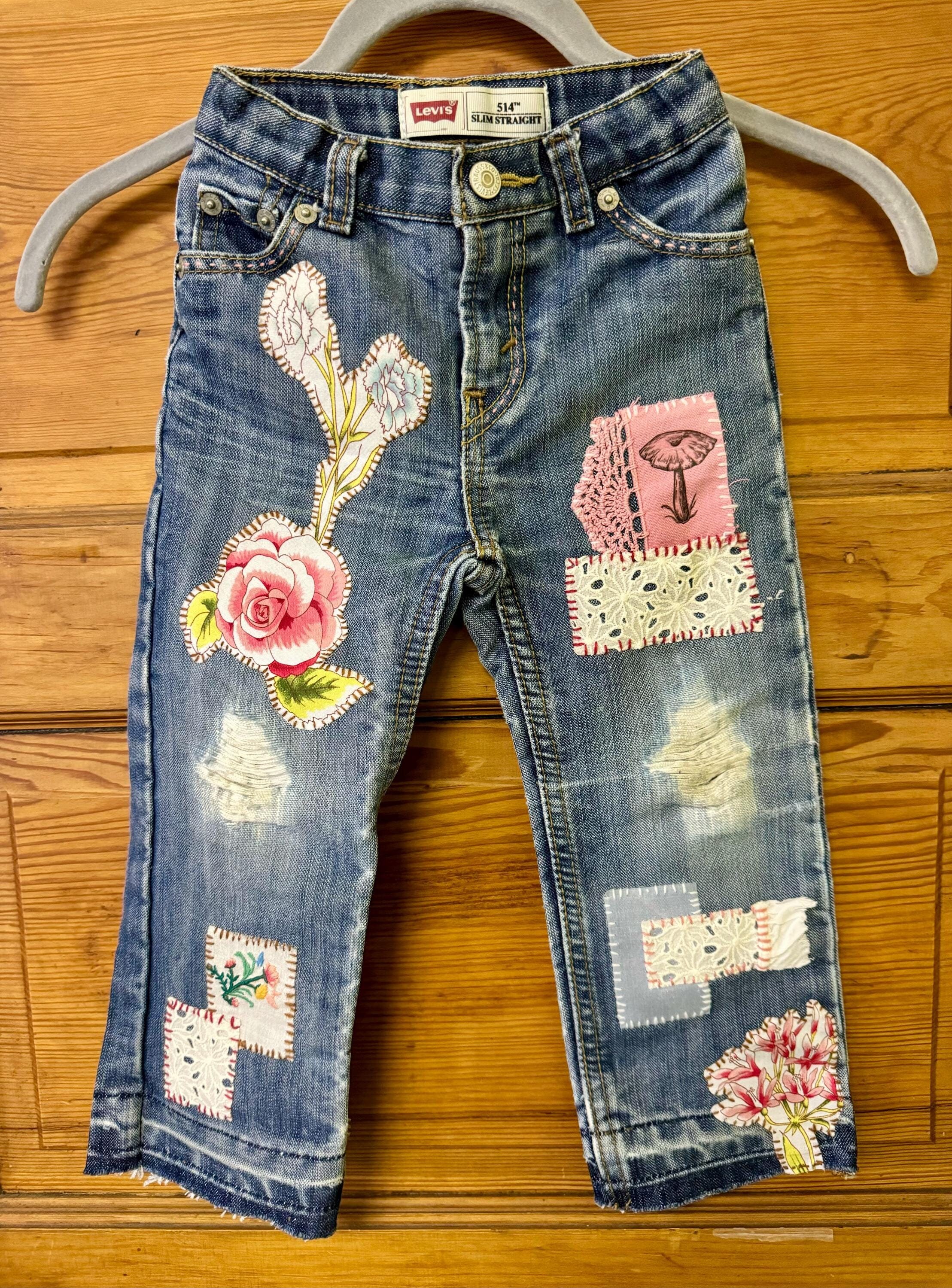 Upcycled Floral Appliqué Distressed Jeans, Boho Shabby Chic Denim, Size 24 Months