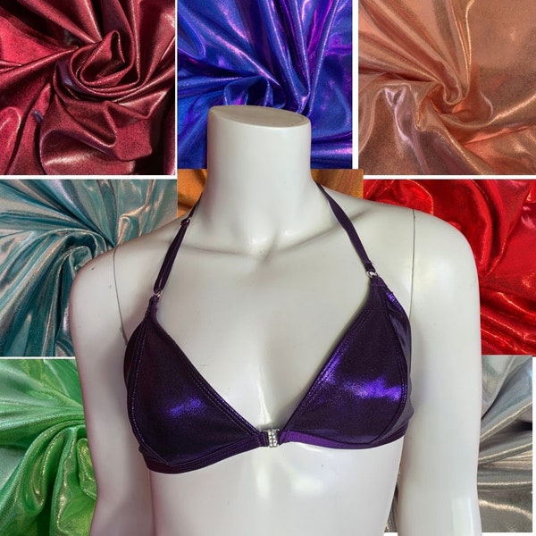 Soutien-gorge triangle en élasthanne scintillant de couleur unie burlesque avec fermeture sur le devant