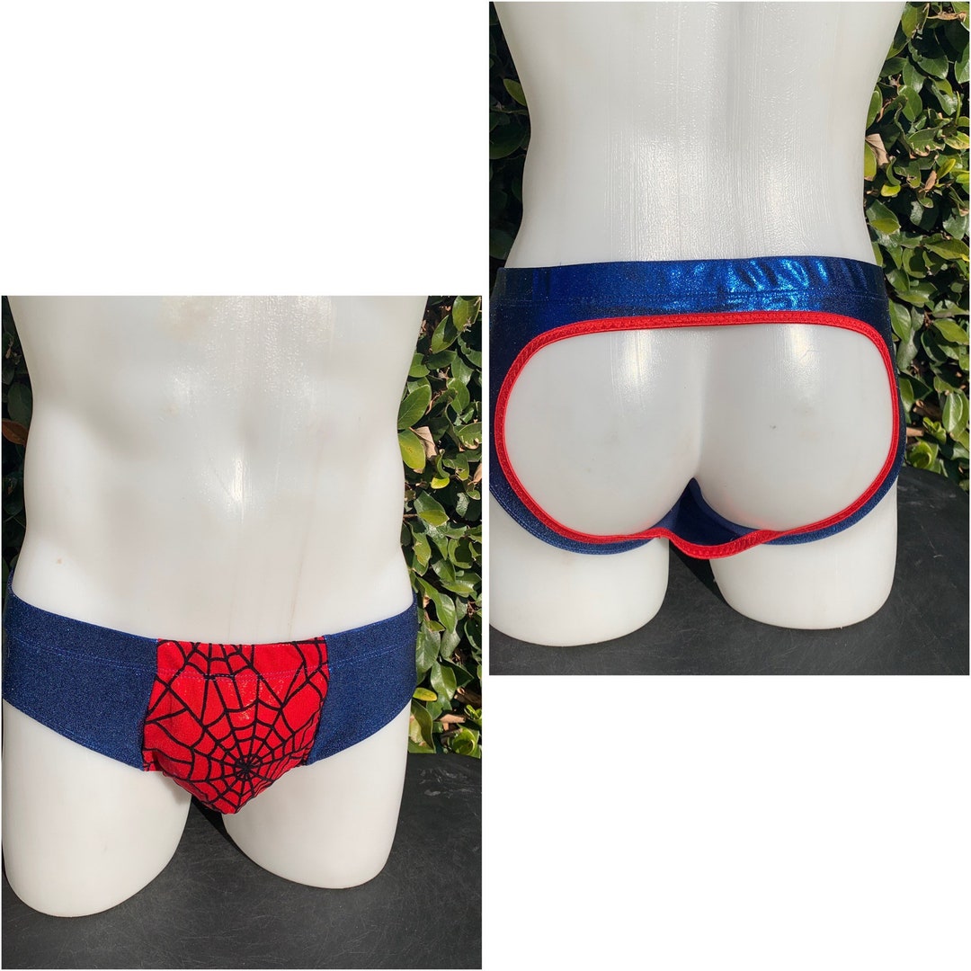 Peekaboo Butt Blue and Red Spiderweb Mens Briefs 