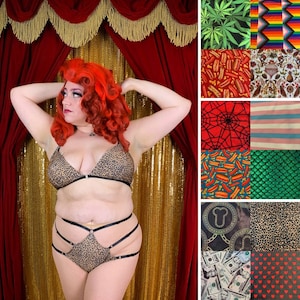 May include: A two-piece lingerie set featuring a leopard print pattern with black trim. The bra is a triangle style, and the bottom is a strappy high-cut design. A collage of twelve additional fabric patterns is displayed to the right of the set.