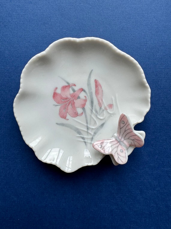 Vintage Floral Ceramic Ring Dish, Scallop Shell Sh