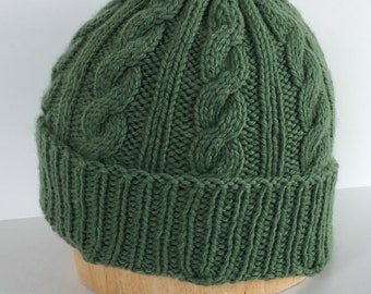 Green Cabled Merino Wool Watchcap - Handknit Hat - Sage Green - Adult