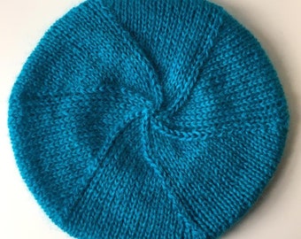 Turquoise Beret Handknit in Mohair Acrylic Blend Yarn - Soft and Lovely!