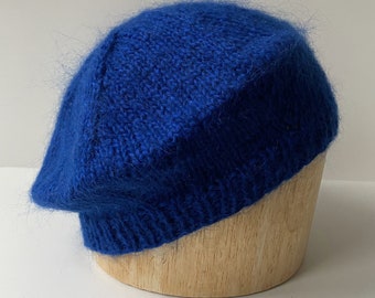 Blue Beret Handknit in Mohair Acrylic Blend Yarn - Soft and Lovely!