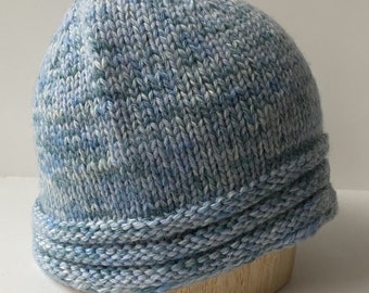 Handknit Blue Wool Hat with Quaker Ribbed Brim - Warm and Cozy!